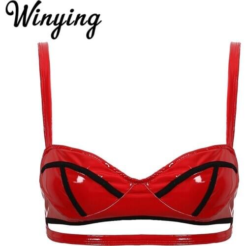 Womens Shiny Patent Leather Sexy Lingerie Erotic Tops Adjustable Straps Wire-free Unlined Bra Crop Top Bralette Rave Clubwear