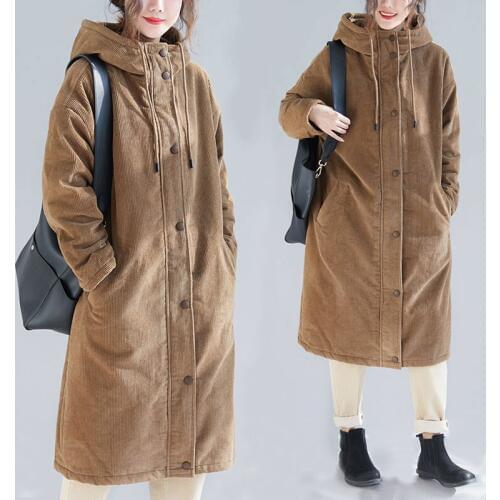 Winter Long Snow Cotton Padded Jacket Parkas Women New Corduroy Thick Lamb Fur Coat Loose Hooded Long Outerwear Women Coats 1024
