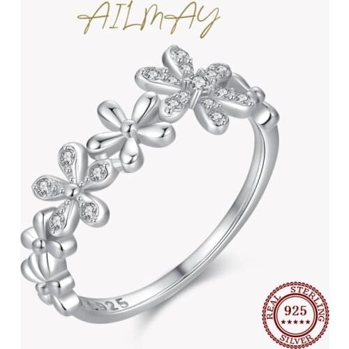 Ailmay Fashion 925 Sterling Silver Little Daisy Exquisite Flowers Finger Rings For Women Girl Statement Hypoallergenic Jewelry