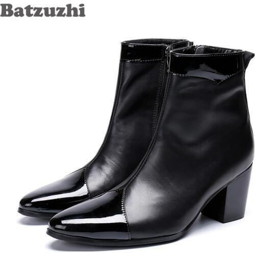 Batzuzhi 7cm High Heels Men Boots Pointed Toe Black Genuine Leather Boots Men Zip Knight Party Boots for Men Bota Masculina