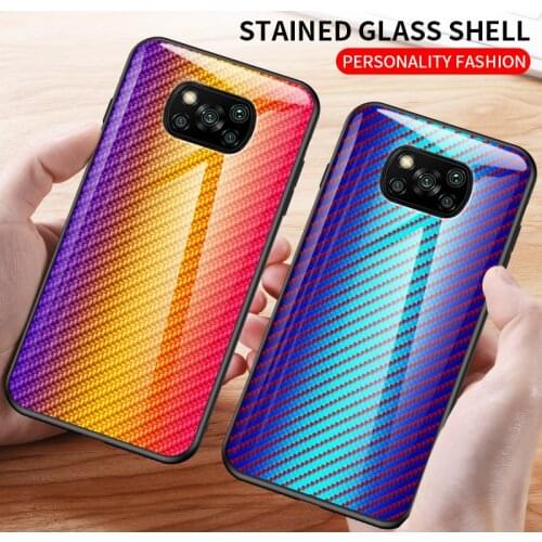 For Xiaomi Pocophone Poco X3 NFC Case Hard Tempered glass fashion Gradient carbon fiber protect cover case for xiaomi poco x3