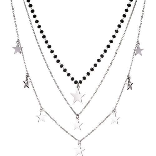Black Crystal Beads with Heart Charm Layered Necklaces for Women 100% Stainless Steel Chokers Necklace Jewelry Female Party Gift