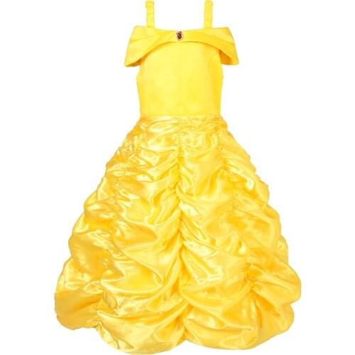 Children Belle Beauty Princess Dress Girl Evening Prom Summer Yellow Costume Kids Flower Off Shoulder Party Short Sleeve Clothes