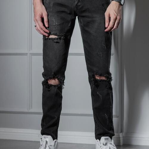 Hip-hop tide brand retro mens casual feet slim hole jeans mens trousers youth pants Europe and America hip-hop