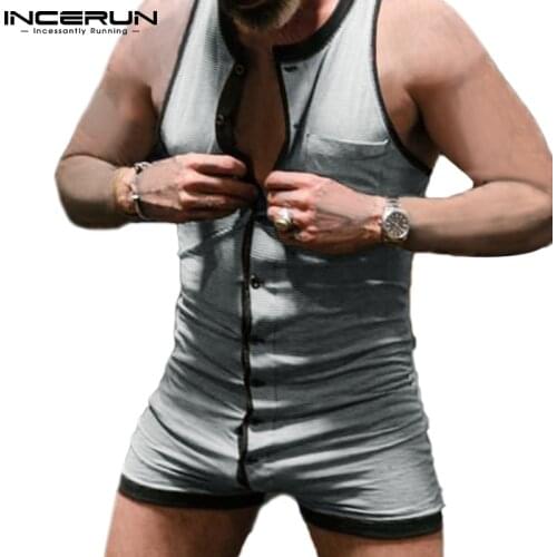 INCERUN 2021 Men Pajamas Rompers Homewear Striped Cozy Sleeveless Jumpsuit Button Fitness Sleepwear Summer Men Playsuits S-5XL