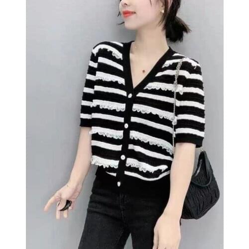 2021 Real 20504 (no. 2 In 1 Room 4) Not Make Web Celebrity Figure V-neck Stripe Knitting Cardigan [2021] 34 with Short Sleeves