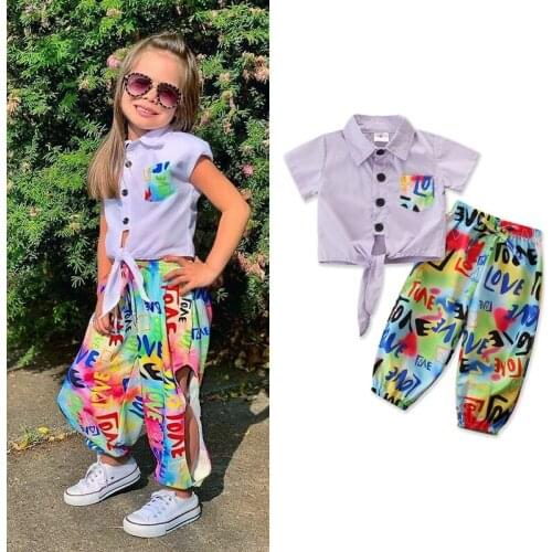 Summer Lovely Kids Girls Clothes Sets 2pcs Tie Dye LOVE Letter Print Single Breasted Shirts Tops Loose Pants