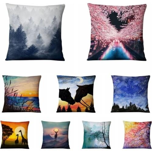 Super Soft Velvet Beautiful Scenery Printed Pillowcase Sunset Sakura Cushion Decorative Pillows Home Decor Sofa Throw Pillow