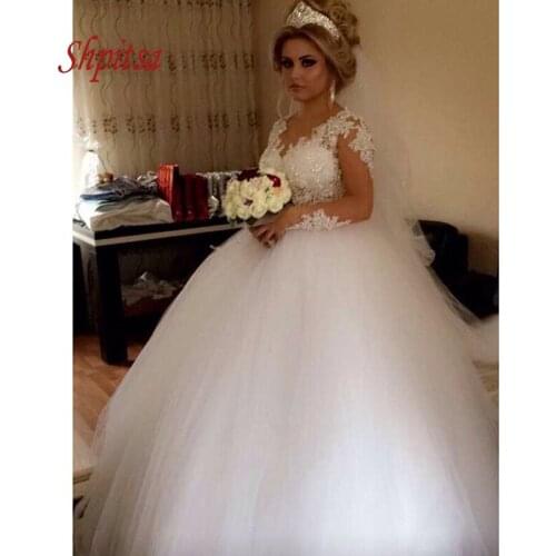 Long Sleeve Lace Wedding Dresses Ball Gown Luxury Sequin Tulle Women White Ivory Plus Size Bridal Bride Dresses Wedding Gowns