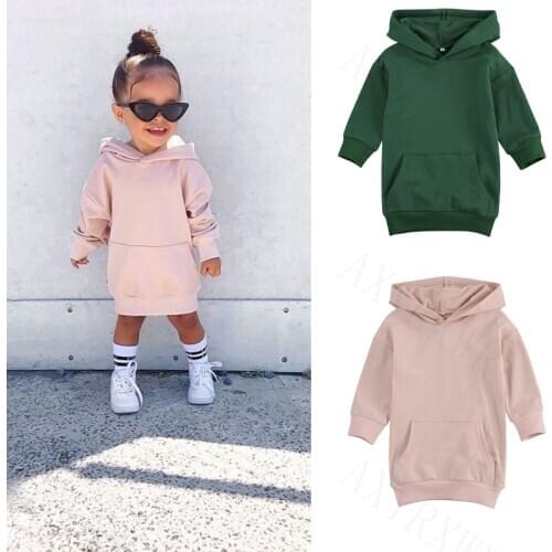 Lioraitiin 1-5Years Infant Kids Baby Girl Long Sleeve Sweater Dress Solid Color Hooded Pullover Dress Winter Warm Top