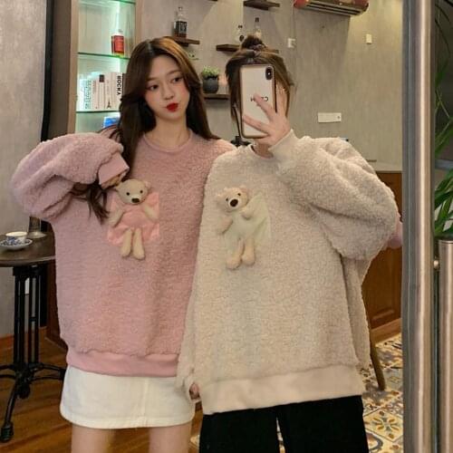 Cute Bear Hoodies Sweatshirts Women O Neck Faux Fleece Long Sleeve Casual Autumn Winter Pullovers Sweatshirts Oversized Clothes