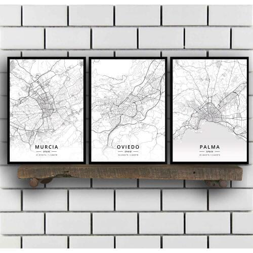 Murcia Oviedo Palma Salamanca Santander Seville Tarragona Toledo Valencia Valladolid Vigo Zaragoza Spain Map Poster