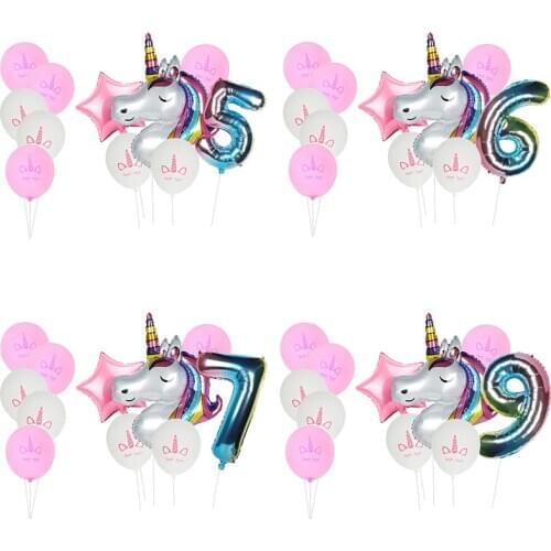 11pcs Unicorn Balloon Rainbow Gradient 32 inch Number 1 2 3 4 5 6 7 8 9 Year old Boy Girl Birthday Party Balloons Decorations
