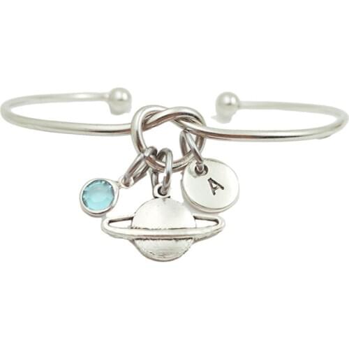Saturn Star Creative Initial Letter Monogram Birthstone Adjustable Bracelet Fashion Jewelry Women Gift Pendant