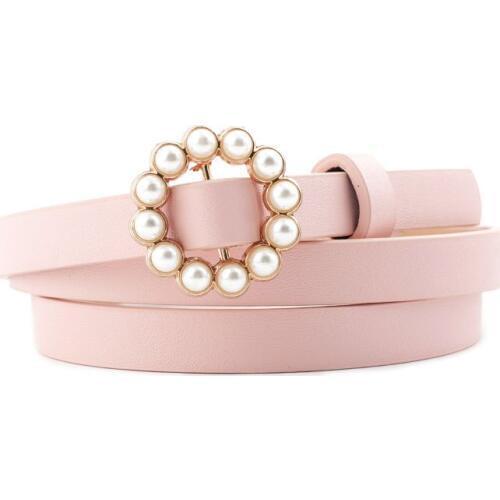 New Round Buckle Pearl Belts Womens Casual PU Leather Thin Belt Fashion Decorative Luxury Strap Ladies Simple Pure Color Belt
