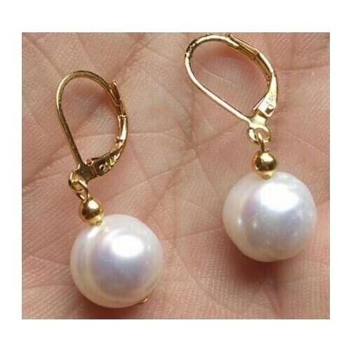 Huge AAA+10-11mm perfect white freshwater pearl dangle earring 14K
