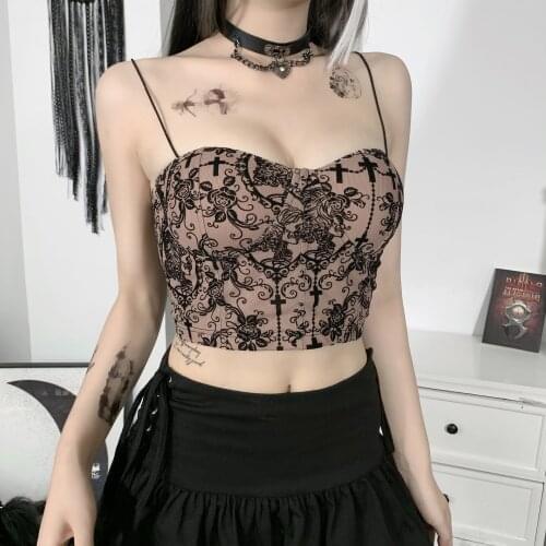 Sexy Vintage Floral Print Apricot Camis Gothic Aesthetic Bodycon Corset Tops Women Elegant Bra Build Sexy Backless Camisole