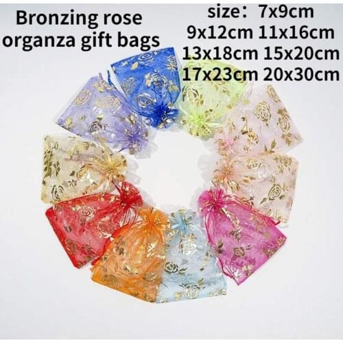100pcs Bronzing Printing Organza Gift Bags Candy Gift Wedding Party Packing Favors Pouches Drawable Bags Present Sweets Pouches