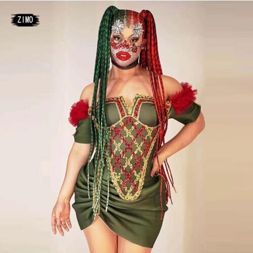 Christmas outfits Red green headwear dress sequin for Women Off Shoulder drag queen Costume with tail performance party stage