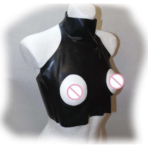 Sexy Black Latex crop top open breasts Rubber bra top halter Lingerie Gummi Fetish