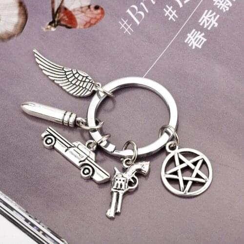 Unisex Pentagram Metal Keychain Movie Supernatural Keychain Dean Sun Pendant Keychain Retaining Ring
