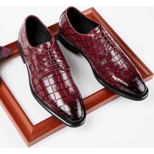 Yomior Vintage Fashion Men Shoes Handmade Genuine Leather Pointed Toe Formal Dress Shoe Business Party Wedding Crocodile Oxfords
