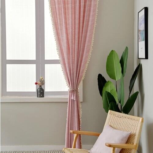 1.5M Width Japanese Style Simple Striped Cotton Linen Tassel Curtain Village Style Retro Homestay Curtain