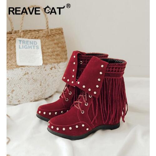 REAVE CAT Ankle high boots Round toe Wedges Flock Slip-on Rivets Fringe decoration Size 34-43 Black Red Beige Winter Casual Boot