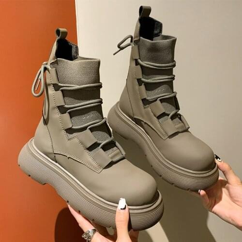 Women Stretch Boots Rubber Short Ankle Shoes For Women 2021 Autumn New Fashion Round Toe Cross-Tied Black Martin Boots