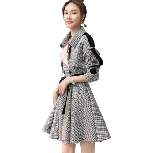 Mid-length Spring Autumn Women Trench Coat Fashion Womens Clothing Windbreaker Ladies Outerwear Houndstooth Waist Coat Tops