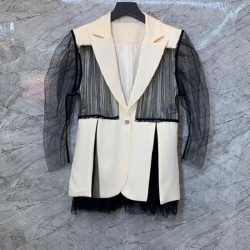 Womens Coat 2021 Autumn Fashion Blazers Women Notched Collar Sexy Tulle Mesh Patchwork Single Button Casual Blazer Coat Outwear