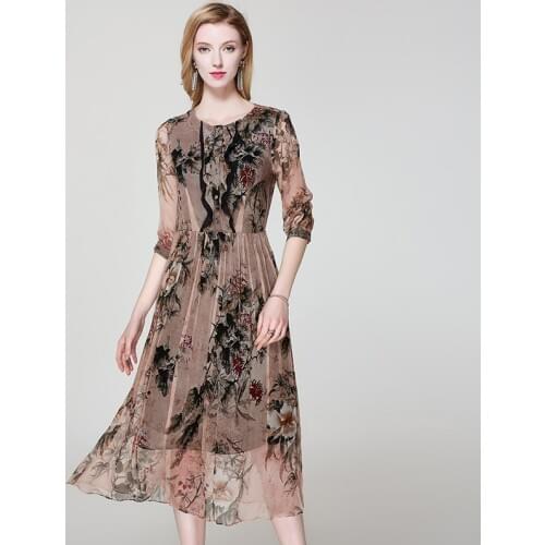 100% Silk Chiffon Dress Women Summer 2020 Vintage Floral Printed Ladies Dresses Buttons Sundress vestido longo Z17X246