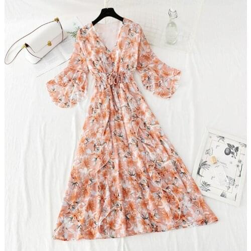 2021New Summer Dress Women French Style Vintage Chiffon Dress Flare Sleeve Casual Elegant V-neck Floral Print Long Dress