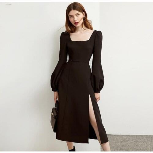 Black Retro Split Dress Women Elegant Midi Designer Dress Female Long Sleeve Hepburn Style Chiffon Vintage Dress Fall 2020 Women
