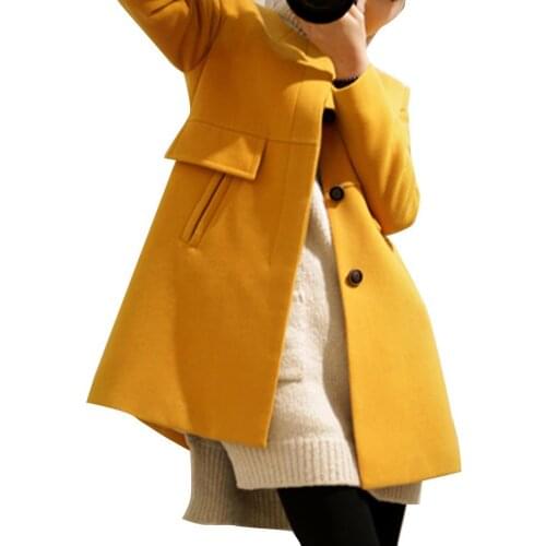 Women Winter Long Sleeve O Neck Button Pocket Plus Size Loose Woolen Trench Coat