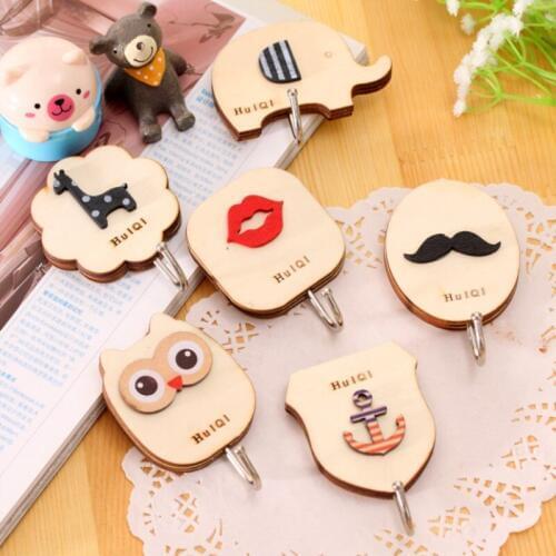 1PCS Creative Wooden Sticky Hook Cartoon Strong Load-Bearing Wall Cute Seamless Hidden Back Wall Hook Bathroom Kitchen Hook Up