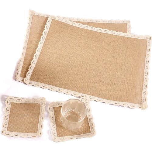 10pcs/Lot Burlap Mats Pads Jute Hessian Line Lace Tableware Wedding Christmas Cup Mats Coaster Pads Wedding Party Decoration