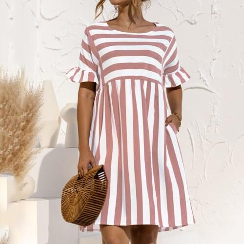 2021 New Fashion Dresses Women Cotton Sexy Boho Summer Ladies Striped Round Neck Ruffled Stitching Dress robe femme 2021