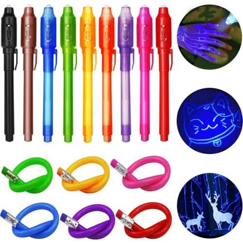 Invisible Pens 9 Packs of The Latest Spy Pens + 6 Flexible Curved Pencils with UV Lights Fun Activities Children’s Gift Parties