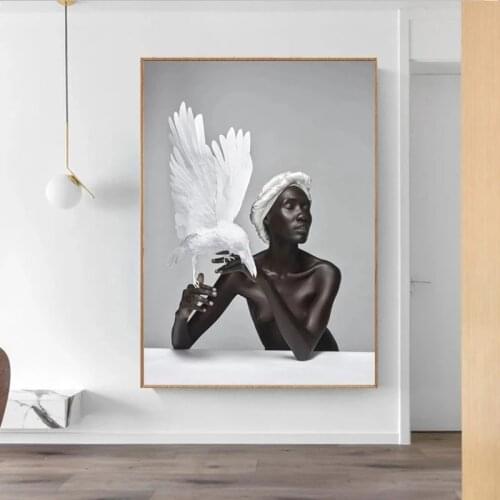African Naked Black Woman Holding White Eagle Canvas Painting Poster Print Wall Art Pictures for Living Room Home Decor