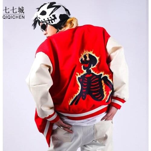 Flame Skeleton Embroidery Baseball Jacket Men Color Block Bomber Varsity Jacket Men Hip Hop Retro Punk Street Coat Unisex 2021