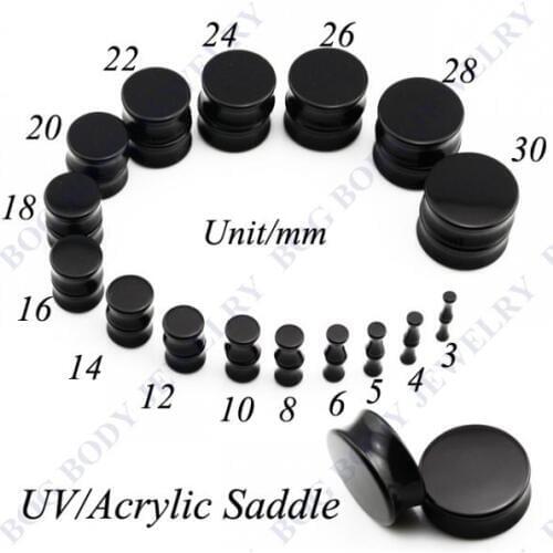 BOG-Lot 36 Pcs High Polished Black Acrylic Double Flare Ear Saddle Plugs Expanders Gauge Kit 3mm to 30mm- 16