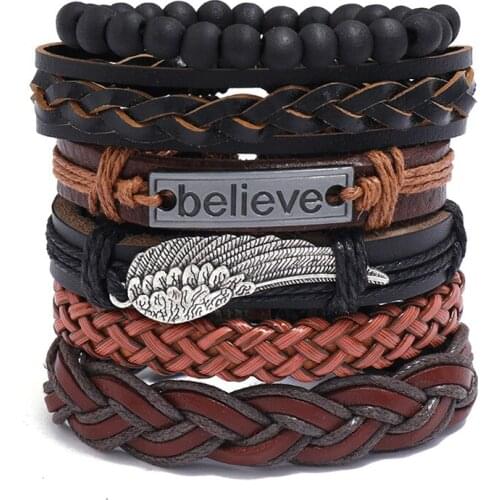 Believe Wing Men Bracelets 6pcs/set Wristband Bead Fashion Rope Wrap Cuff Bangle Leather Bracelets Women Jewelry Accessories