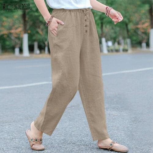 ZANZEA Women Elastic Waist Solid Pants 2021 Vintage Long Pantalon Baggy Pants Casual Loose Palazzo Wide Leg Trousers Streetwear