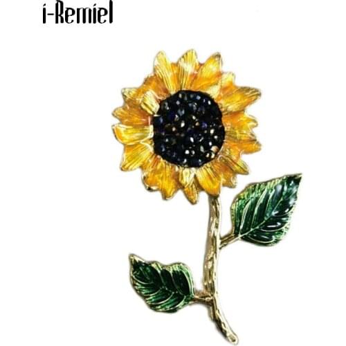 Retro Plant Flower Enamel Brooches Sunflower Jewelry Crystal Rhinestone Metal Dress Badge Pins Women Scarf Buckle Accessories