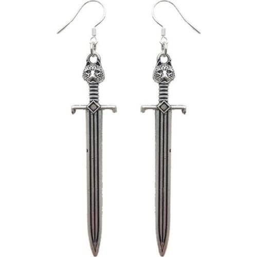 Gothic Owl on Sword Drop Earrings Antique Silver Sword Medieval Earrings Women