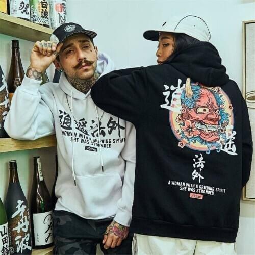 Japanese Chinese Style Hoodies Streetwear Sweatshirt Hooded Hip Hop Evil Devil Printed Hoodie Streetwear Men Autumn Tops Male