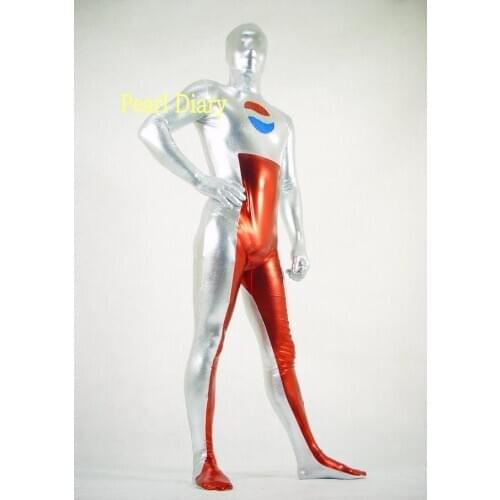 Brand Classic red and Silver Shiny Metallic Pepsi Man Cosplay Costume Zentai Halloween Suit