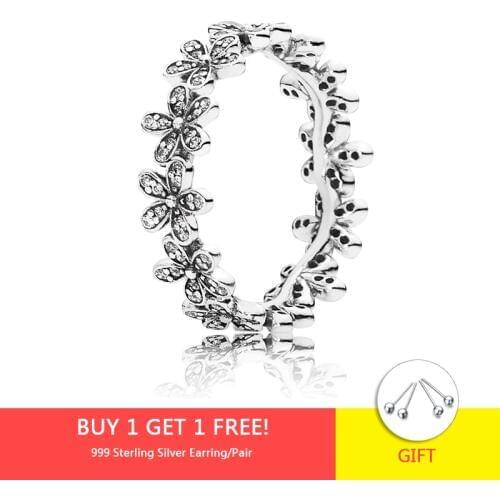 925 Sterling Silver Flowers Finger Rings Dazzling Daisy Meadow Stackable Ring, Clear CZ For Women Wedding Jewelry