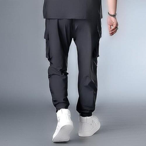 Summer ice silk overalls male fat guy loose and fattening to increase multi-pocket casual sports pants thin